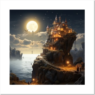 "Moonlit Cliffside Castle: A Majestic Nighttime Fantasy Escape" Posters and Art